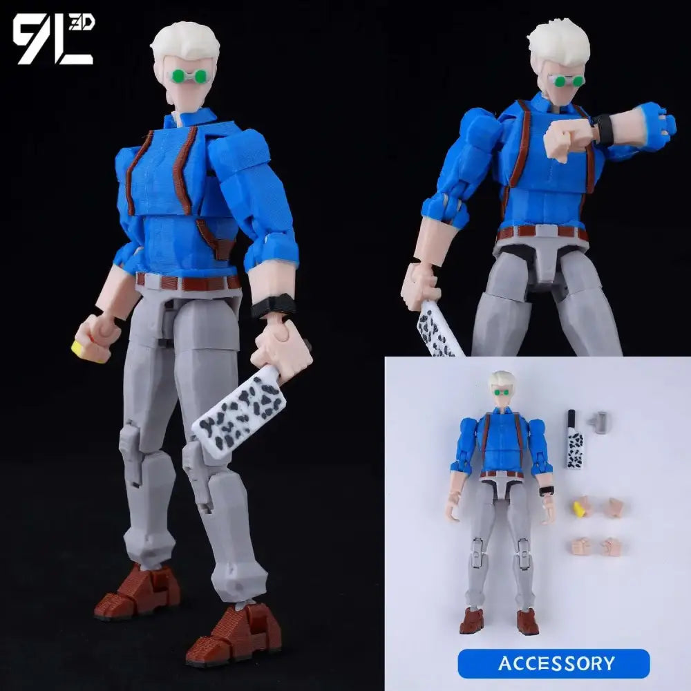 Blue and gray multi-jointed jujutsu kaisen itadori figure with white hair green eyes brown belt and red shoes