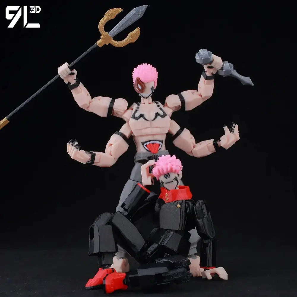 Pink-haired multi-armed jujutsu kaisen itadori figure with black red accents holding golden trident and gray weapon