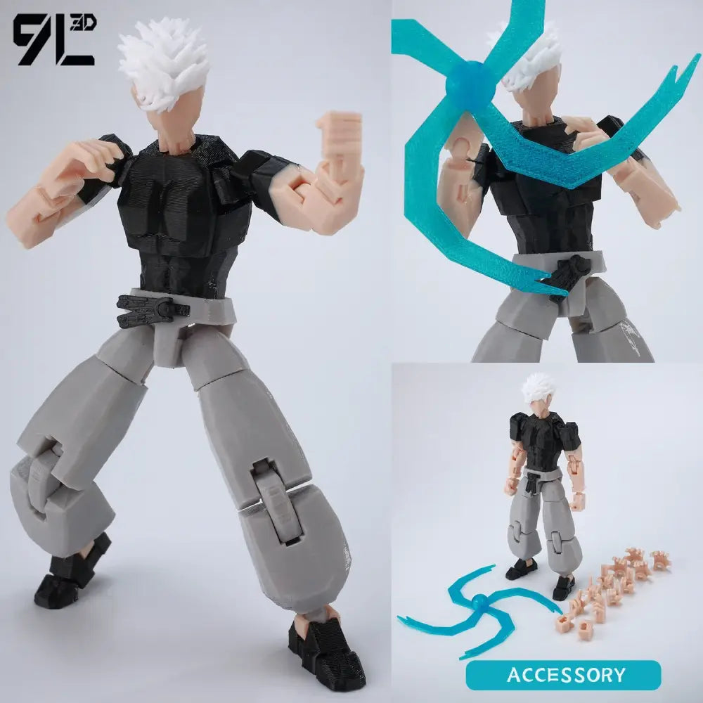 Jujutsu kaisen itadori figure in white hair black and gray articulated outfit with interchangeable parts for action play