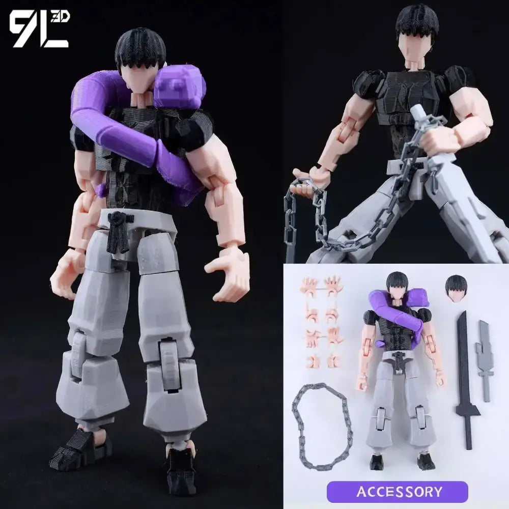 Jujutsu kaisen itadori figure with black hair, black tactical vest, gray pants, and purple arm guards, multi-jointed movable