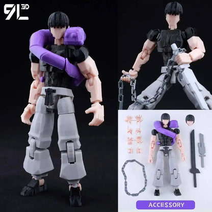 Jujutsu kaisen itadori figure with black hair, black tactical vest, gray pants, and purple arm guards, multi-jointed movable