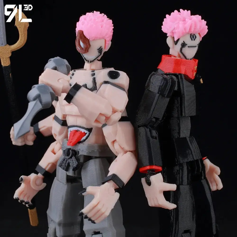 Two 3d-printed jujutsu kaisen itadori figures with pink spiky hair in beige gray and black red multi-jointed suits