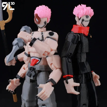 Two 3d-printed jujutsu kaisen itadori figures with pink spiky hair in beige gray and black red multi-jointed suits