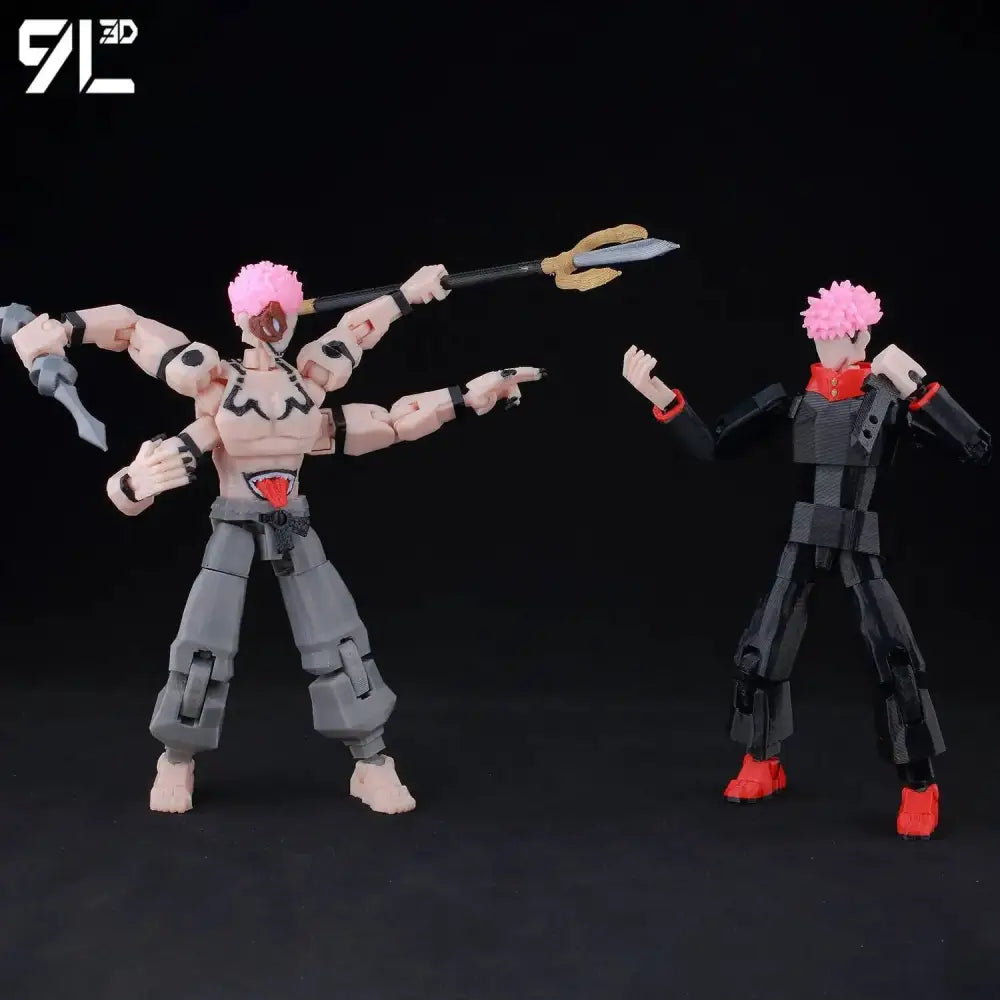 Two jujutsu kaisen itadori figures with pink spiky hair featuring multi-jointed movable beige and black armor designs