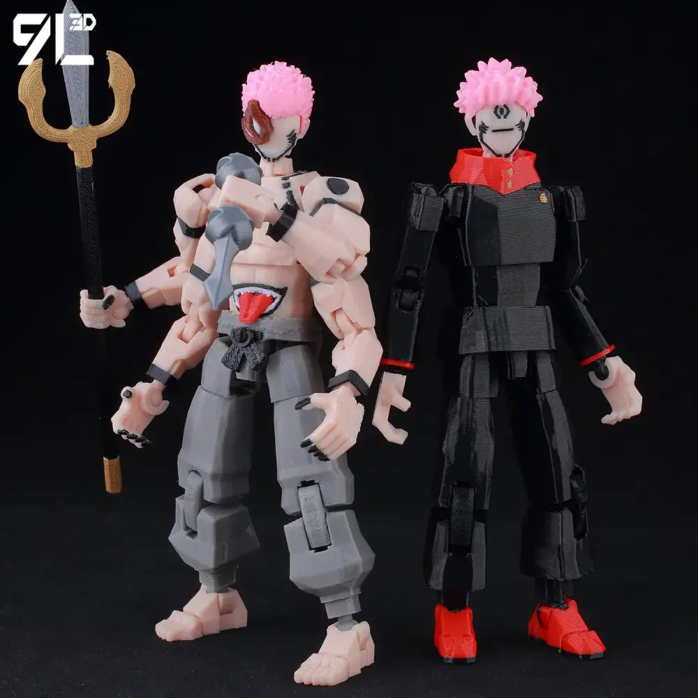 Two jujutsu kaisen itadori figures with pink hair, one beige and gray with trident, the other black with red accents, multi-jointed movable