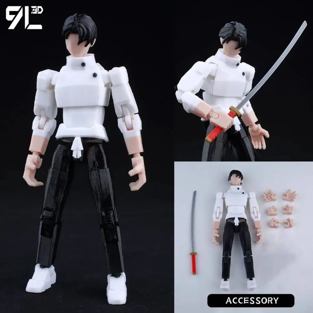 Multi-jointed movable jujutsu kaisen itadori figure in white and black with high-collared shirt pants and boots