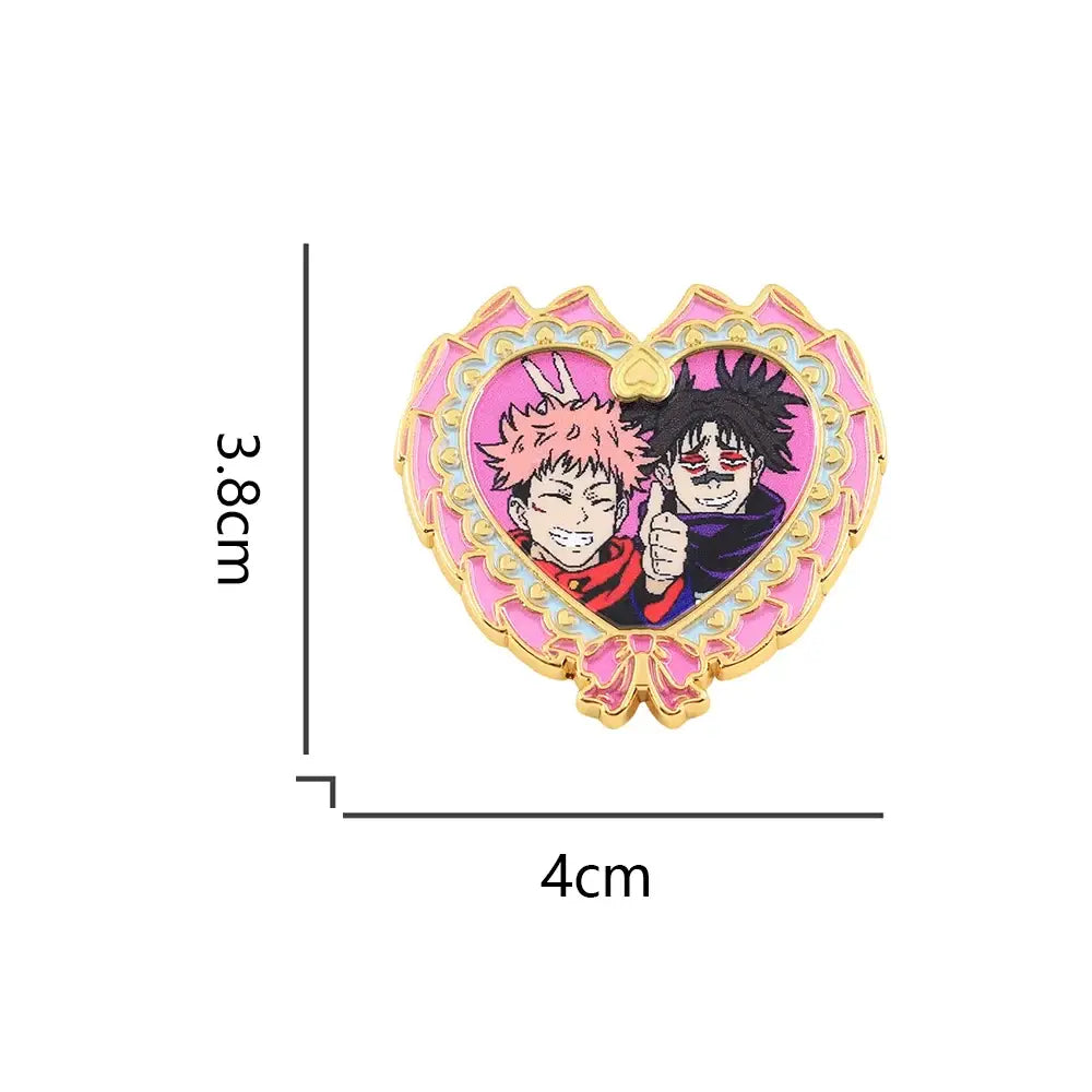 Jujutsu kaisen enamel pin heart design featuring itadori yuji and fushiguro megumi in pink and gold 38mm x 40mm