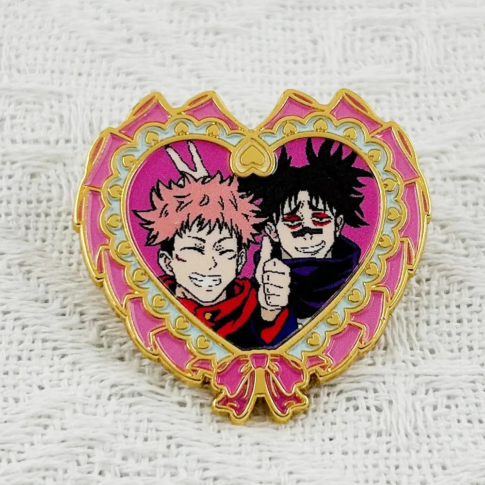 Jujutsu kaisen enamel pin 38mm x 40mm heart design featuring itadori yuji and fushiguro megumi on pink background