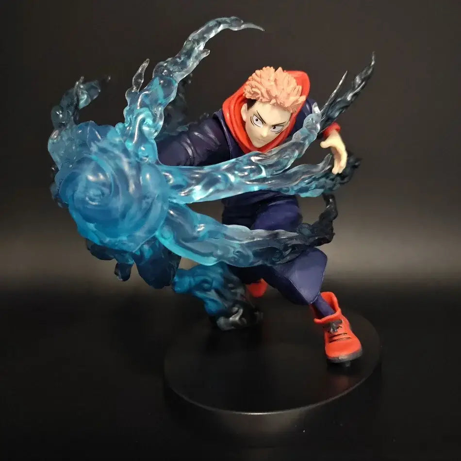 Jujutsu Kaisen itadori yuji 22cm pvc statue with spiky orange hair navy blue outfit and red hood jacket mid-motion pose