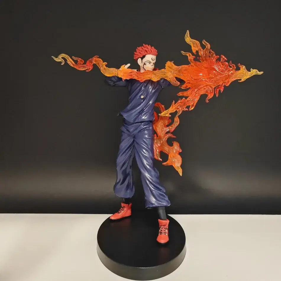 Detailed jujutsu kaisen itadori yuji pvc statue with spiky red hair navy jumpsuit and dynamic flame effects 22cm figure