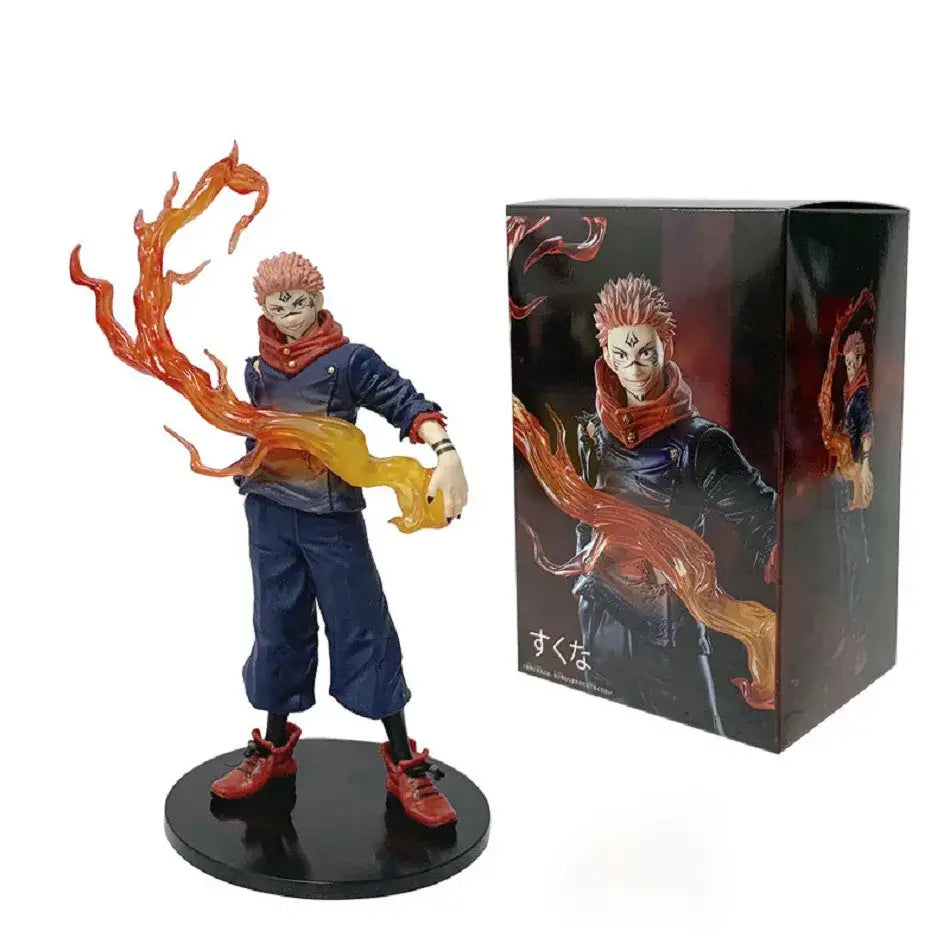 Detailed jujutsu kaisen itadori yuji pvc statue with spiky pink hair and fiery energy tendrils on black base