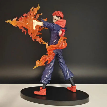Jujutsu kaisen itadori yuji pvc statue 22cm figurine with spiky red hair navy blue jumpsuit and fiery energy pose