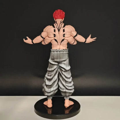 Back view of jujutsu kaisen itadori yuji 22cm pvc figure with red hair black tribal markings and gray pleated pants