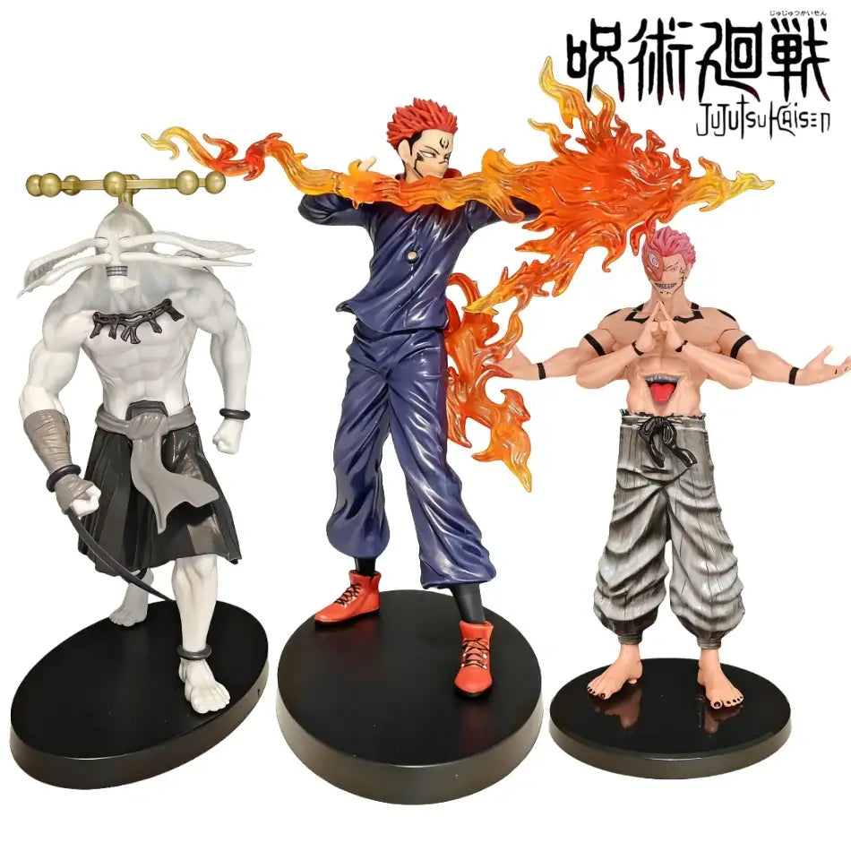 Three detailed jujutsu kaisen pvc figurines featuring itadori yuji in dynamic poses with vibrant orange flame effects