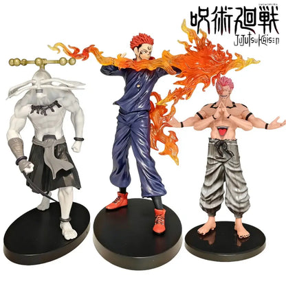 Three detailed jujutsu kaisen pvc figurines featuring itadori yuji in dynamic poses with vibrant orange flame effects