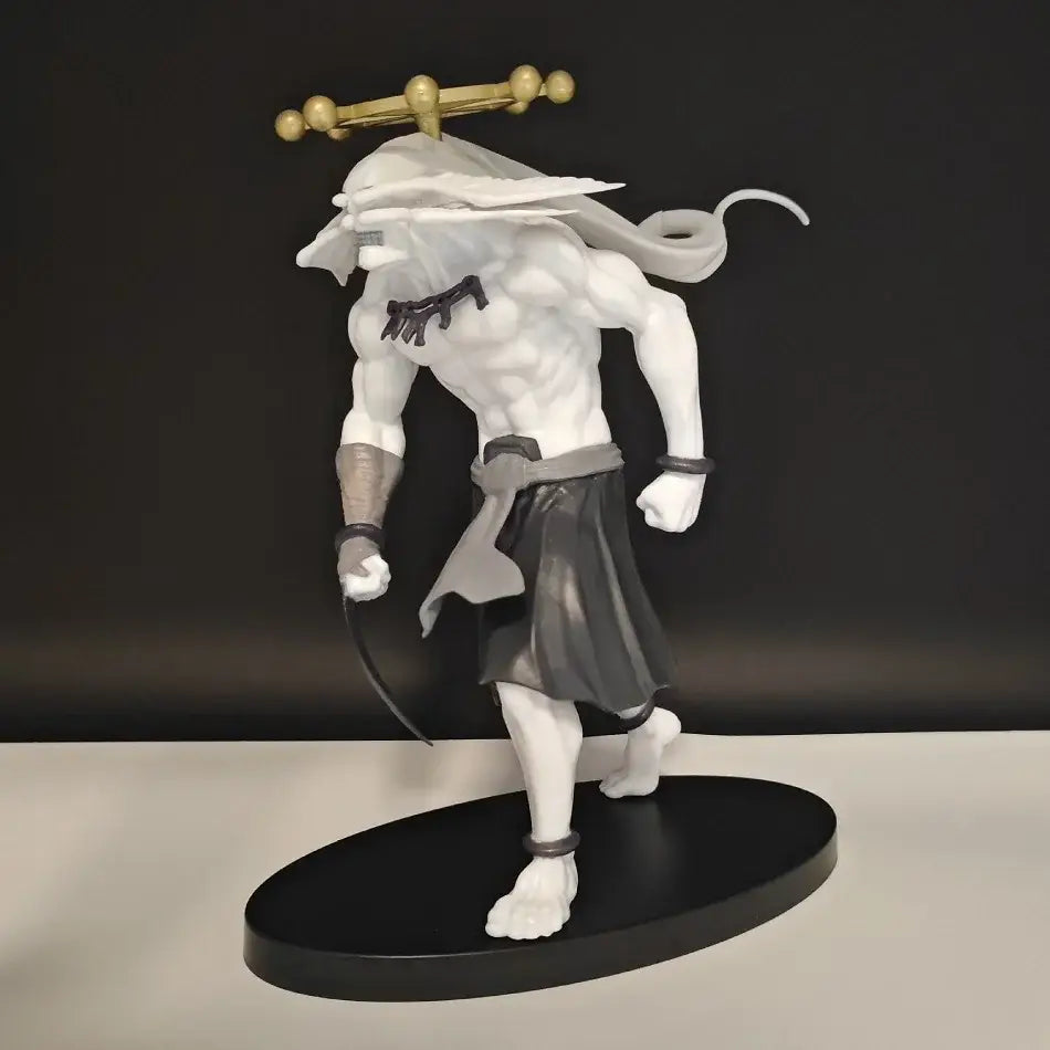 White and gray pvc jujutsu kaisen itadori yuji statue featuring a muscular masked warrior with golden headpiece on black base