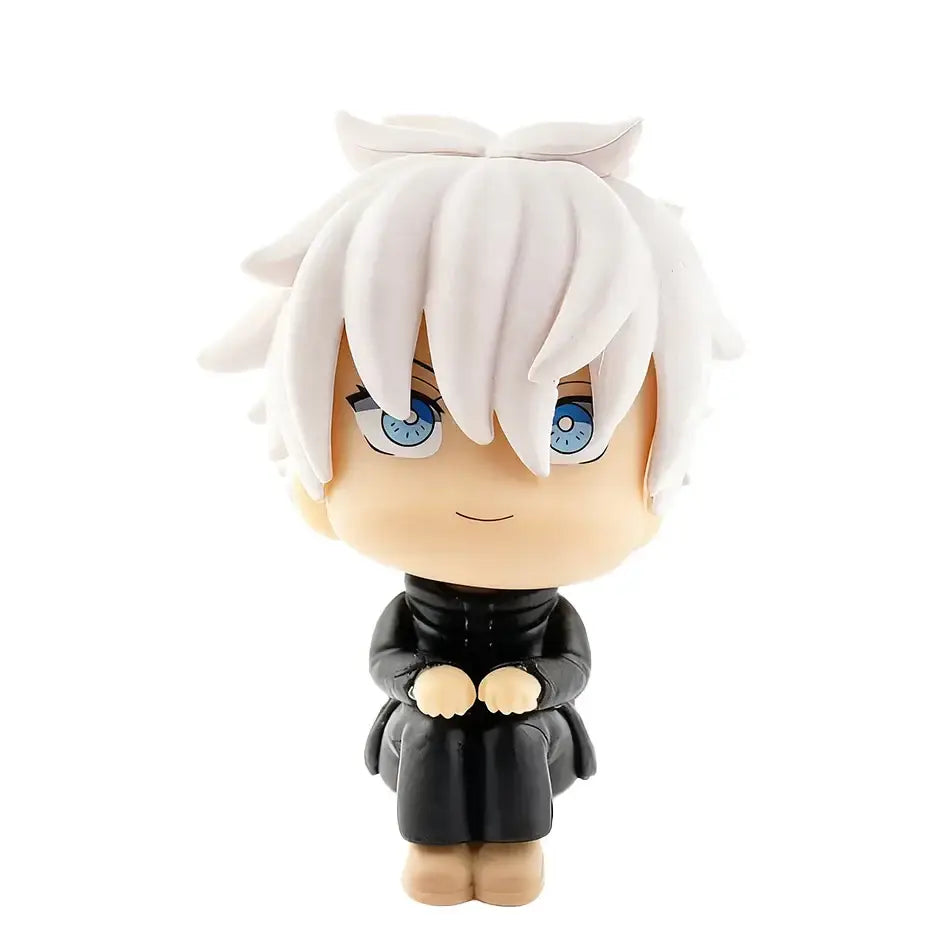 Chibi-style jujutsu kaisen mini figure with white hair blue eyes black attire part of pvc collectible figure set