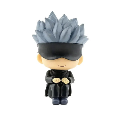A chibi-style jujutsu kaisen mini figure with spiky gray hair and black outfit from the pvc figure set