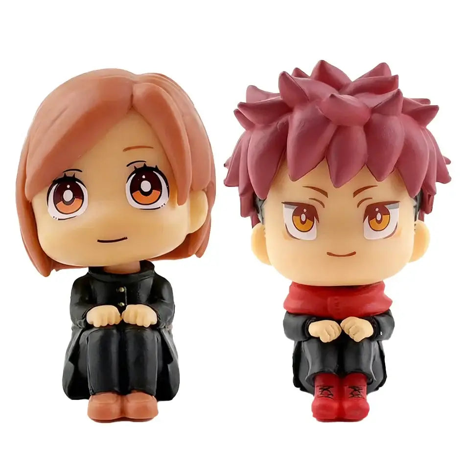 Chibi-style jujutsu kaisen mini figure set featuring two pvc mini figures with brown and pink hair accessories