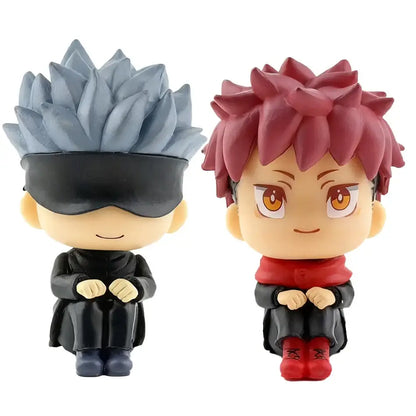 Jujutsu kaisen mini figure set featuring two chibi pvc collectibles with gray and red hair in black and red outfits