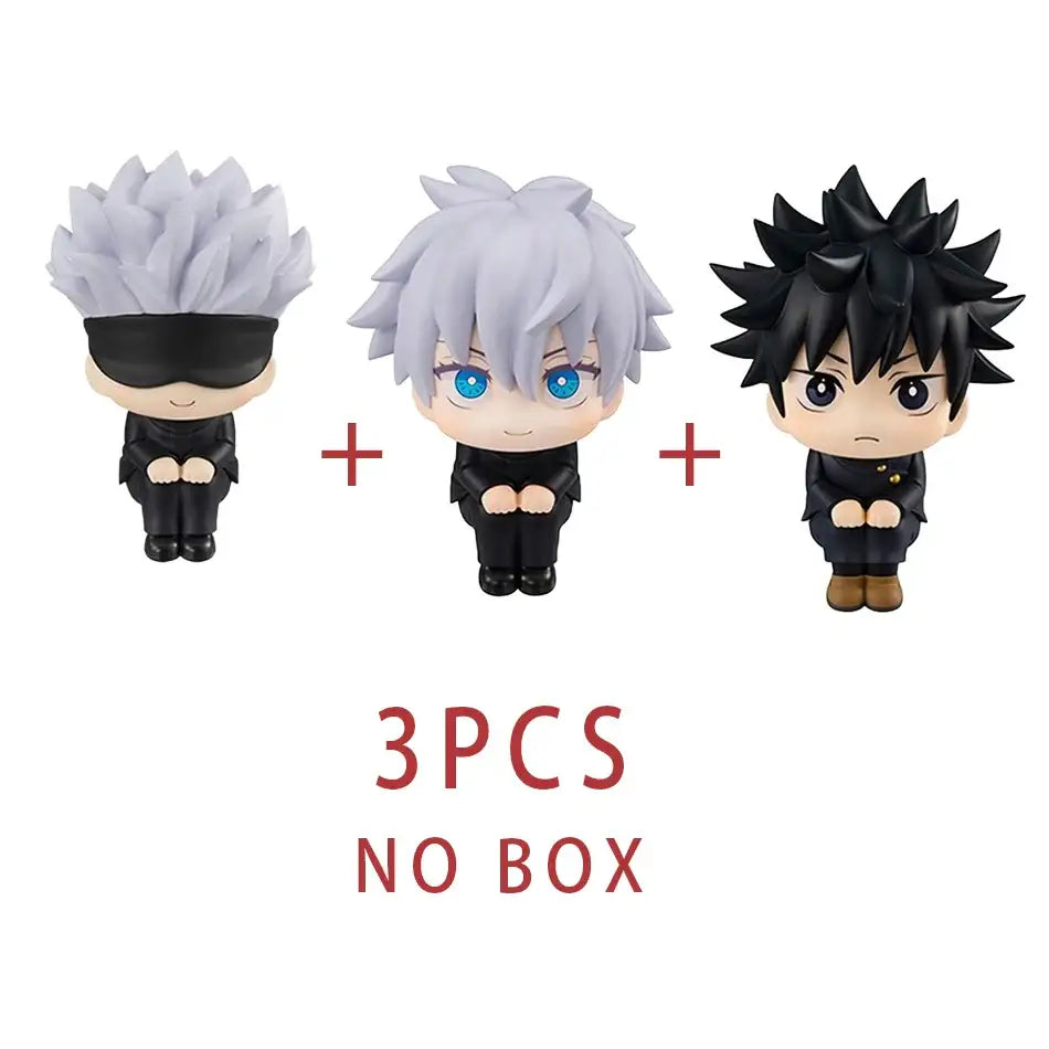 Jujutsu kaisen mini figure set featuring three 7-9cm chibi pvc collectibles with black outfits and spiky white and black hair
