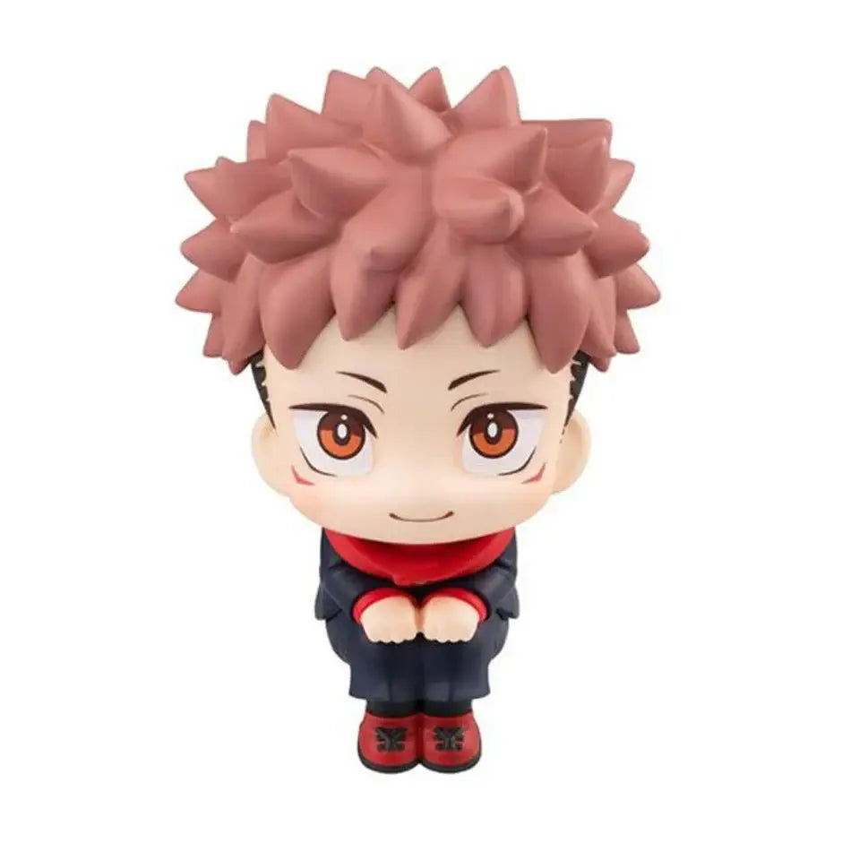 Chibi-style jujutsu kaisen mini figure with spiky pink hair orange eyes in dark blue outfit and red scarf pvc collectible