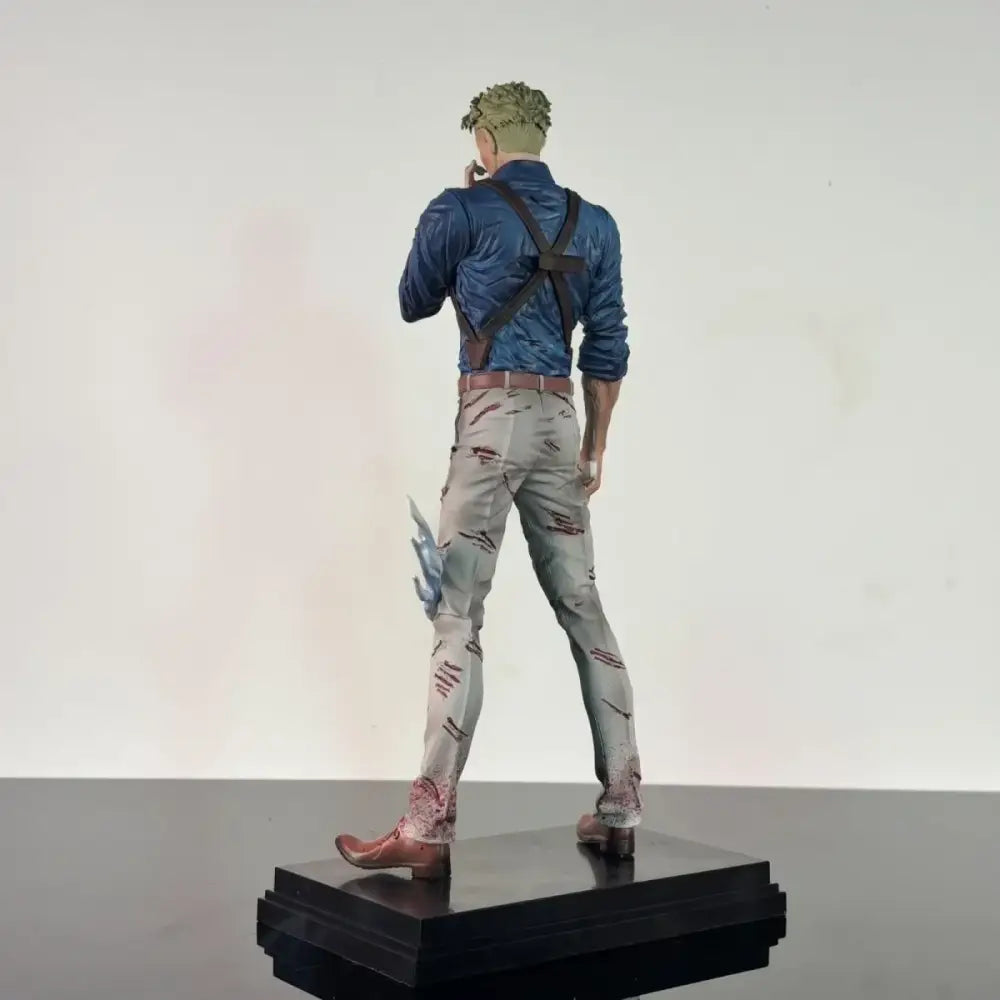 Detailed nanami kento pvc statue 30cm figure with spiky green hair blue jacket distressed gray pants on black base