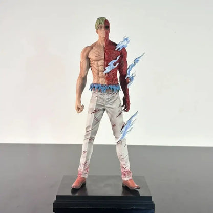Detailed nanami kento pvc statue from jujutsu kaisen featuring a muscular man with red and tan body and blue flame accents