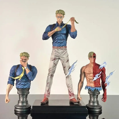 Blue and beige detailed nanami kento pvc action figure with green hair and scarred torso posed on black base 30cm