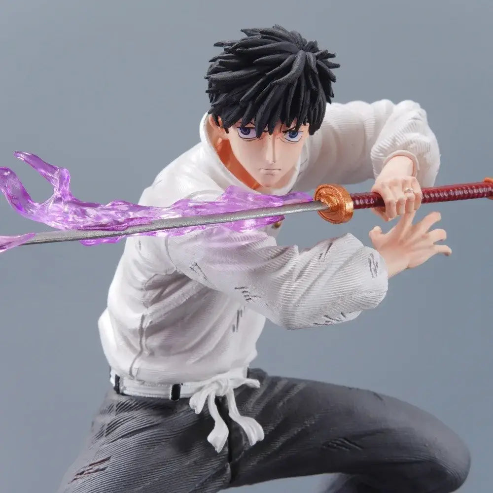 Black-haired okkotsu yuta pvc statue from jujutsu kaisen in white hoodie wielding sword with purple energy effect