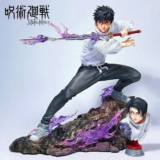 Detailed okkotsu yuta pvc statue from jujutsu kaisen posed dynamically with sword and purple energy effects 21cm figure
