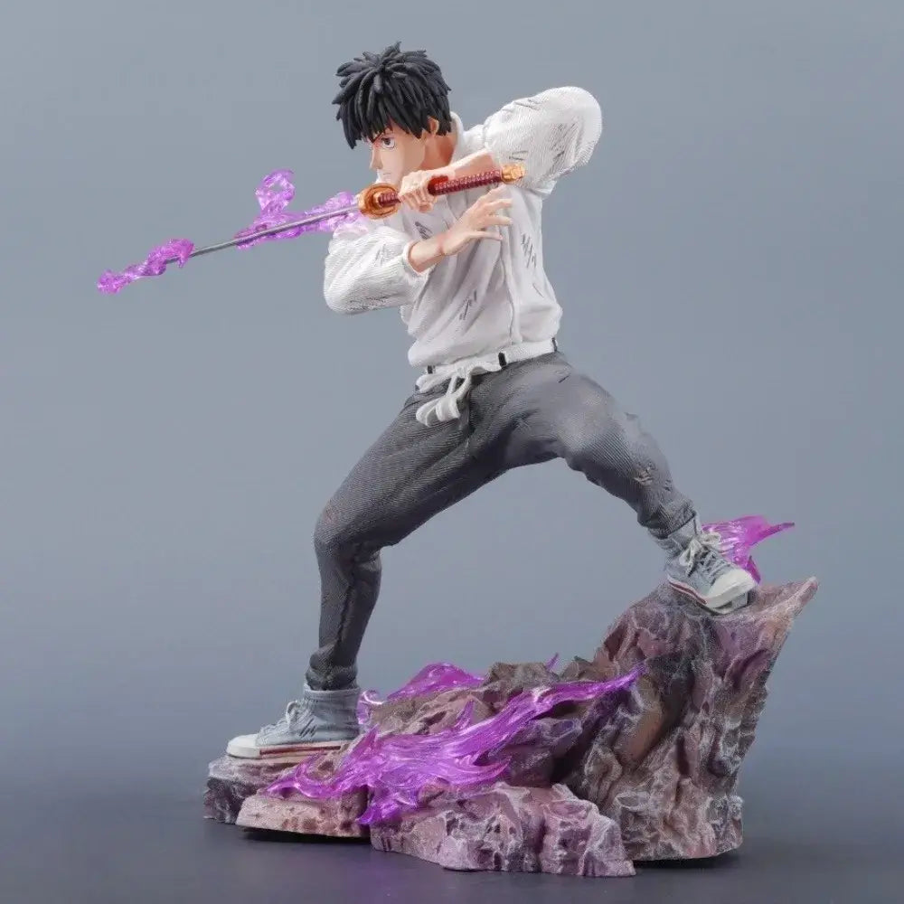 A dynamic jujutsu kaisen okkotsu yuta pvc statue with black hair and glowing purple sword effects in white and gray attire