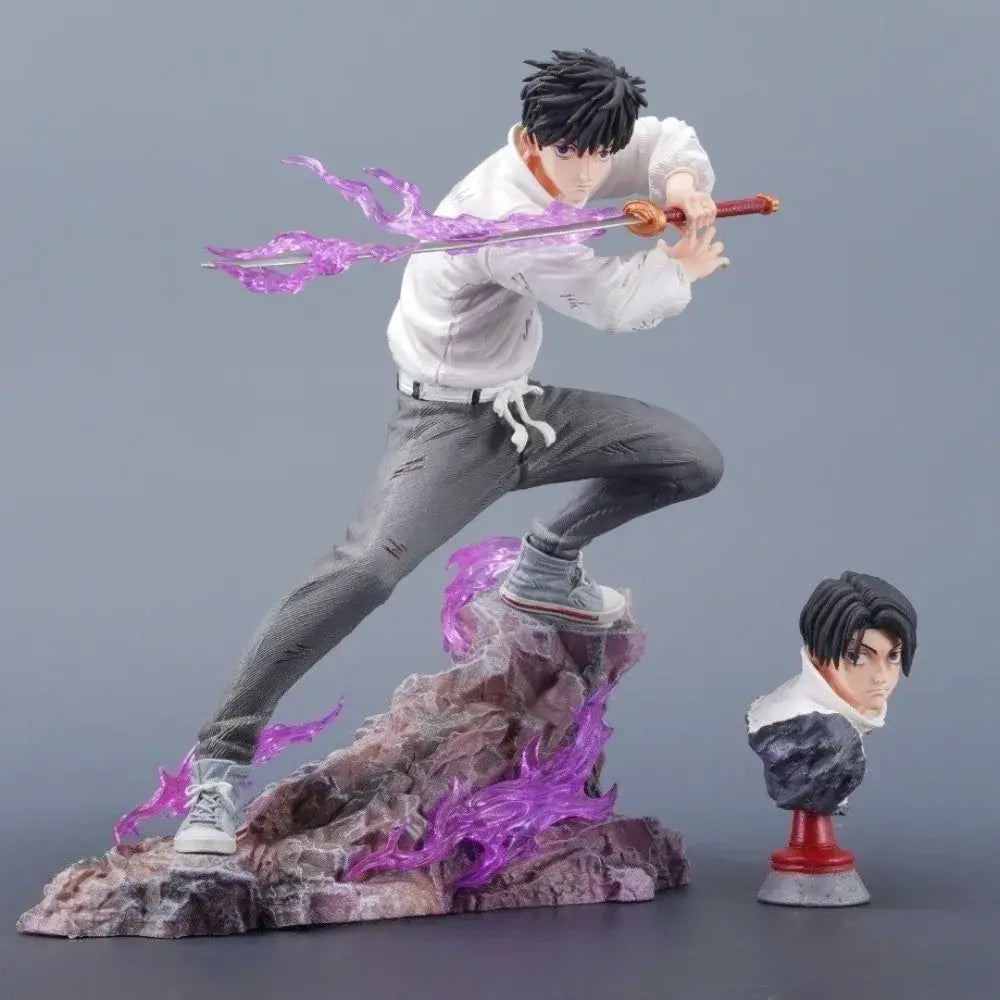 White and gray okkotsu yuta pvc statue from jujutsu kaisen with purple energy effects on rocky base 21cm figure