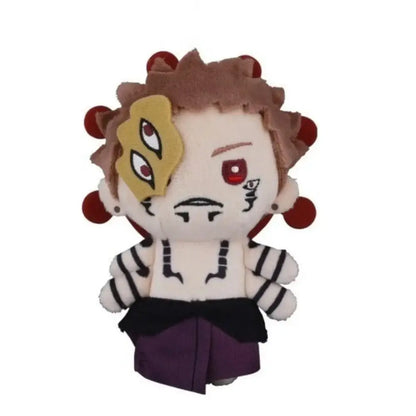 Jujutsu kaisen ryomen sukuna plush pendant featuring brown spiky hair, yellow eye patch, red eye, striped sleeves, purple shorts