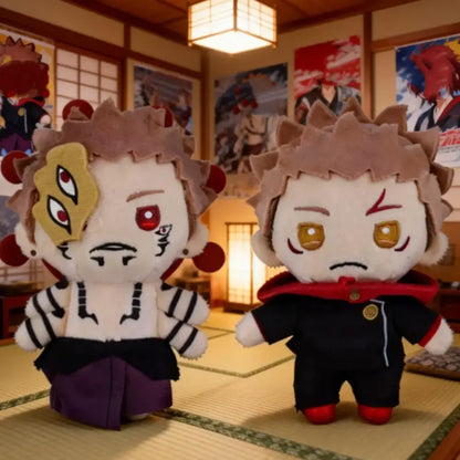 Two jujutsu kaisen plush dolls with spiky brown hair in black and white outfit and black jacket plush pendant 12cm