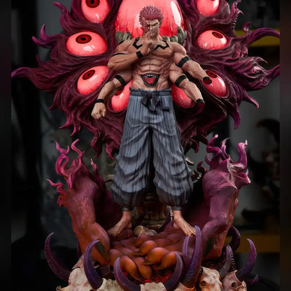12 inch ryomen sukuna anime statue featuring muscular early form with spiky pink hair and gray striped pants