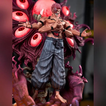 Detailed ryomen sukuna anime statue with pink hair black armbands and gray pants from jujutsu kaisen early form