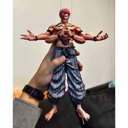 12 inch ryomen sukuna early form anime statue pvc with vibrant pink hair muscular build and gray striped pants