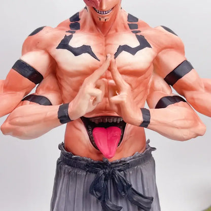 Peach-colored jujutsu kaisen ryomen sukuna pvc statue with black lightning markings and gray pants resin figurine