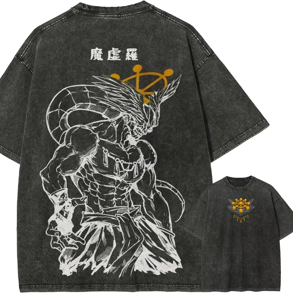 Black distressed cotton t-shirt with vintage washed jujutsu kaisen ryomen sukuna line-art and gold symbols on back