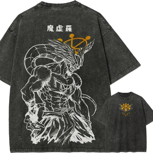 Black distressed cotton t-shirt with vintage washed jujutsu kaisen ryomen sukuna line-art and gold symbols on back