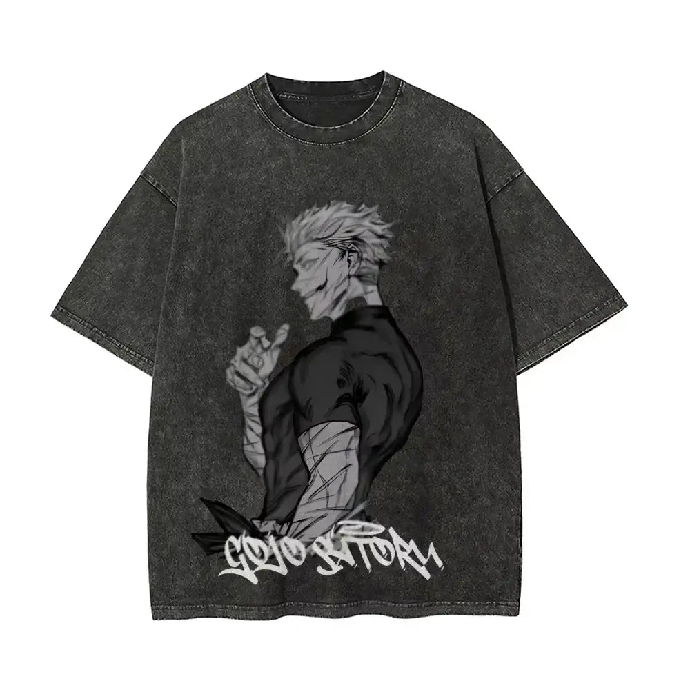 Black oversized cotton vintage washed t-shirt featuring gojo satoru illustration and jujutsu kaisen ryomen graffiti text