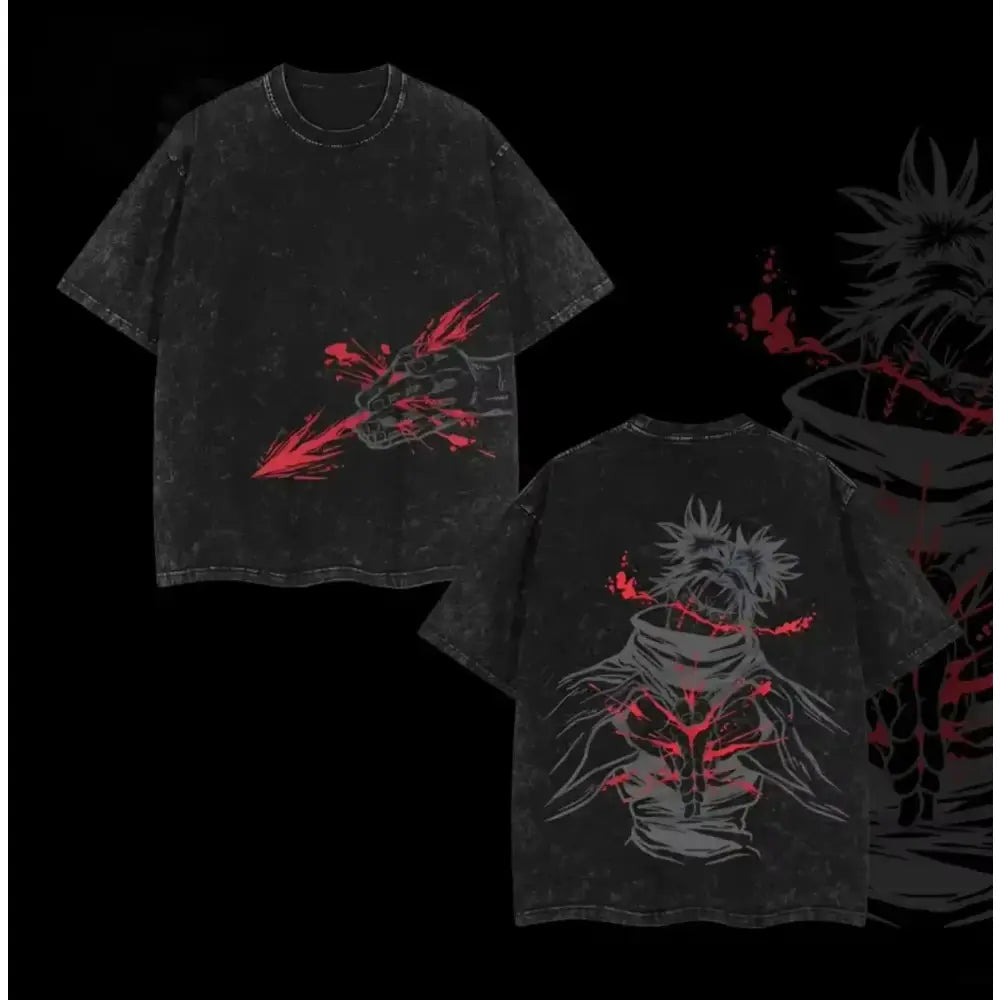 Black distressed cotton t-shirt with bold red and gray ryomen sukuna vintage washed jujutsu kaisen ryomen graphics on front