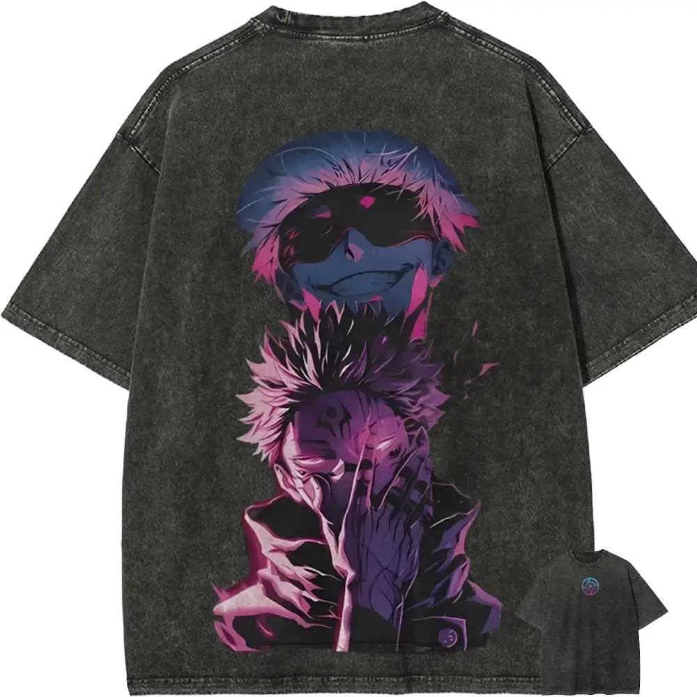 Dark gray distressed vintage washed cotton t shirt featuring jujutsu kaisen ryomen sukuna anime graphic design