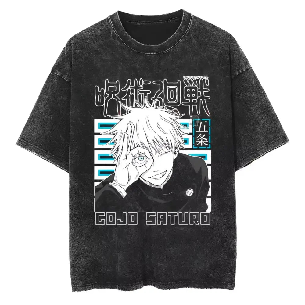 Black distressed cotton t-shirt featuring vintage washed jujutsu kaisen ryomen sukuna graphic with white and teal accents