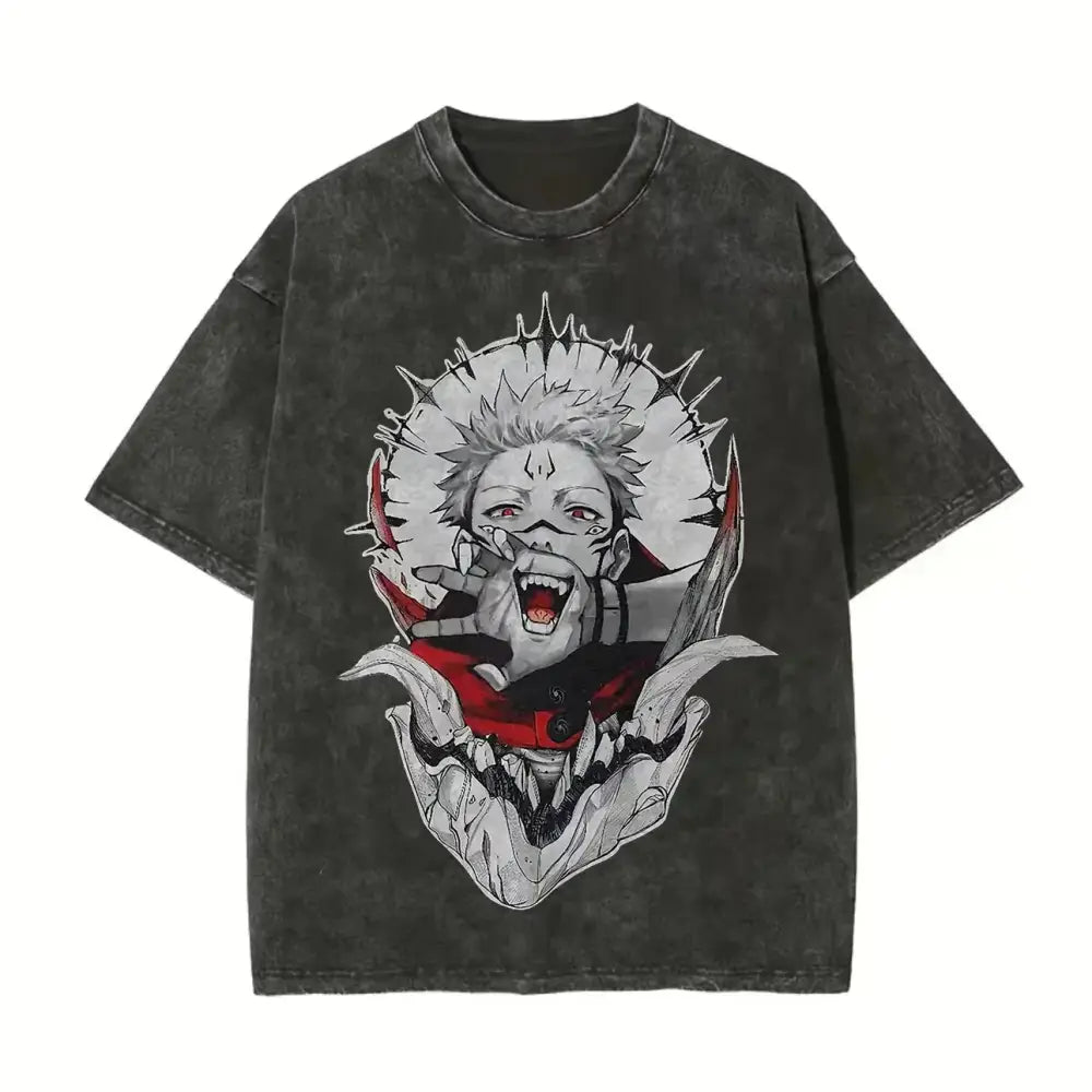 Dark gray distressed cotton t-shirt with bold black and red ryomen sukuna graphic vintage washed jujutsu kaisen ryomen
