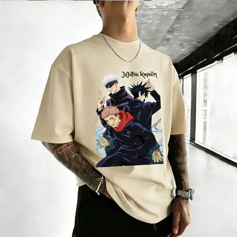 Beige cotton jujutsu kaisen satoru gojo short-sleeved t-shirt with vibrant anime graphic for casual wear