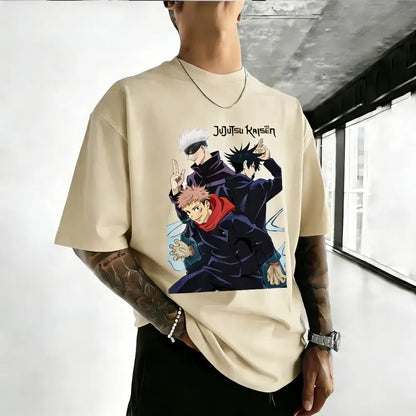 Beige cotton jujutsu kaisen satoru gojo short-sleeved t-shirt with vibrant anime graphic for casual wear