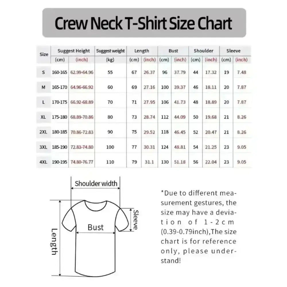 Crew neck cotton t-shirt size chart in cm and inches for jujutsu kaisen satoru gojo unisex casual wear sizes s to 4xl
