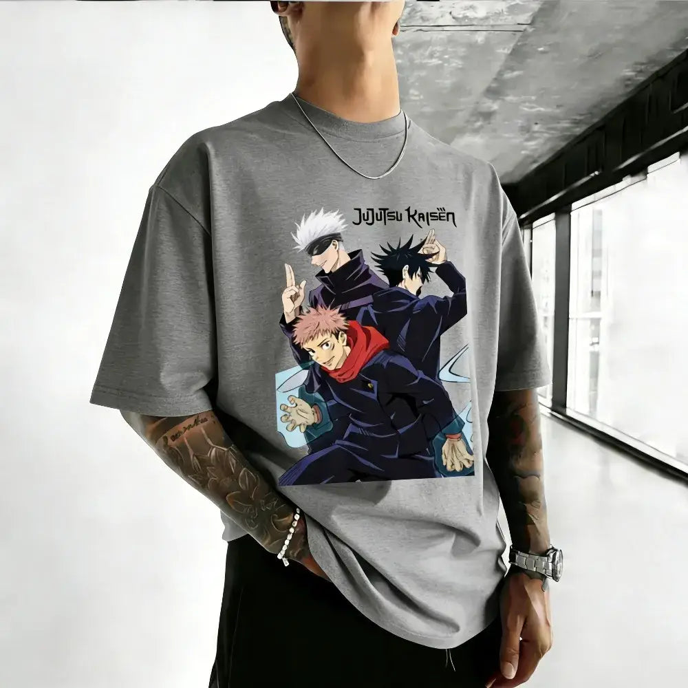 Gray cotton unisex t-shirt featuring vibrant jujutsu kaisen satoru gojo anime characters in dynamic poses